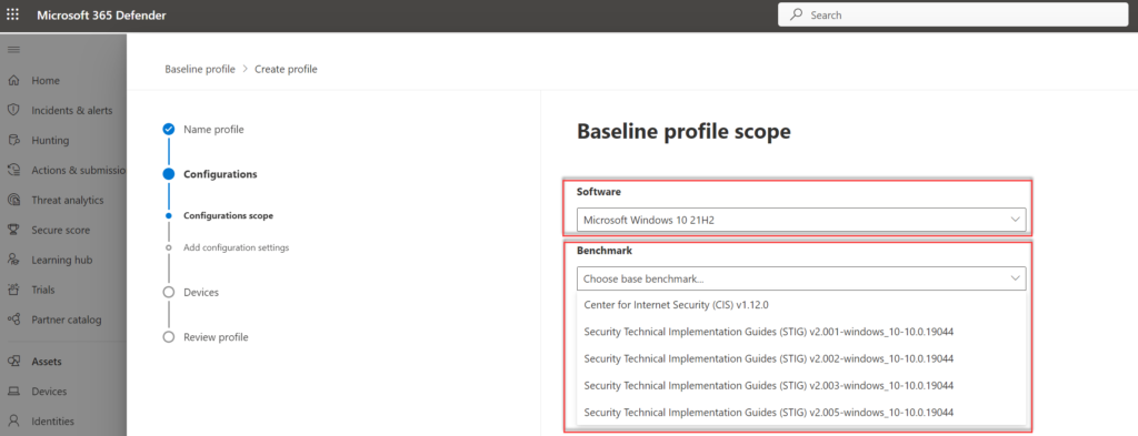 Baseline profile scope – Auswahl von Software und Basis-Benchmark mit CIS- und STIG-Optionen