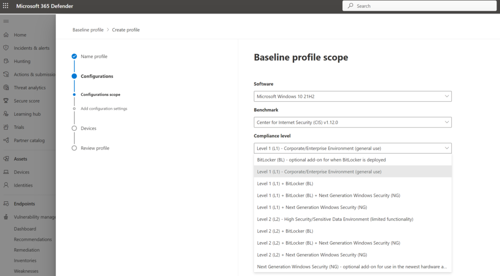 Baseline profile scope – Dropdown zur Auswahl des Compliance-Levels mit Level-1- und Level-2-Varianten