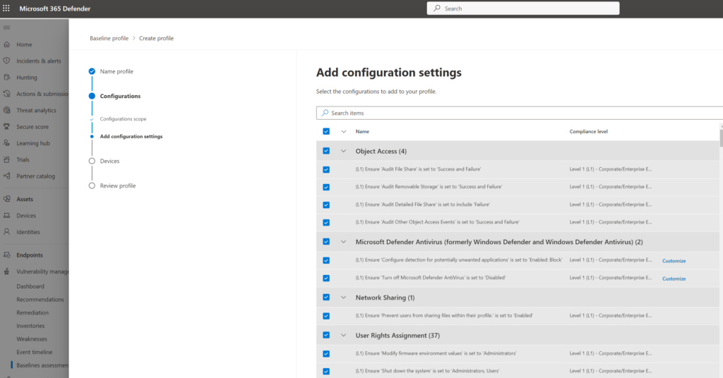 Add configuration settings – Auswahl der Konfigurationseinstellungen nach Kategorien wie Object Access, Defender Antivirus und User Rights Assignment