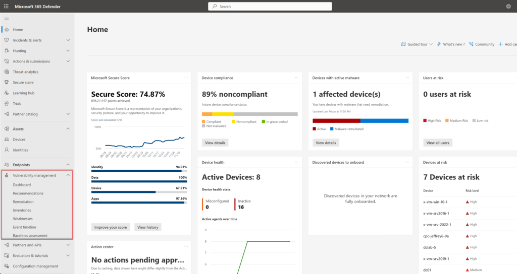 Der Bereich Vulnerability Management im Defender-Portal.