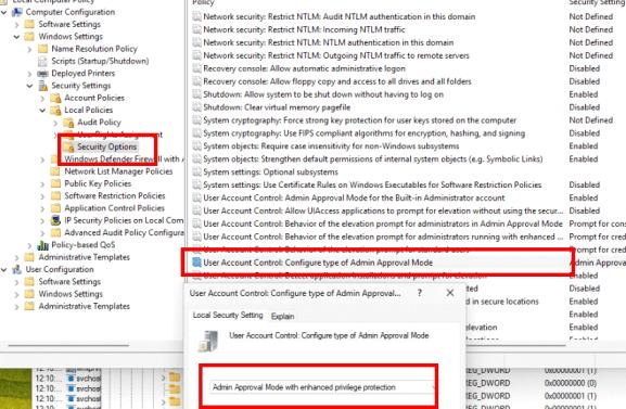 Gruppenrichtlinien-Editor: Unter Sicherheitsoptionen wird die Richtlinie „Configure type of Admin Approval Mode" auf „Admin Approval Mode with enhanced privilege protection" gesetzt