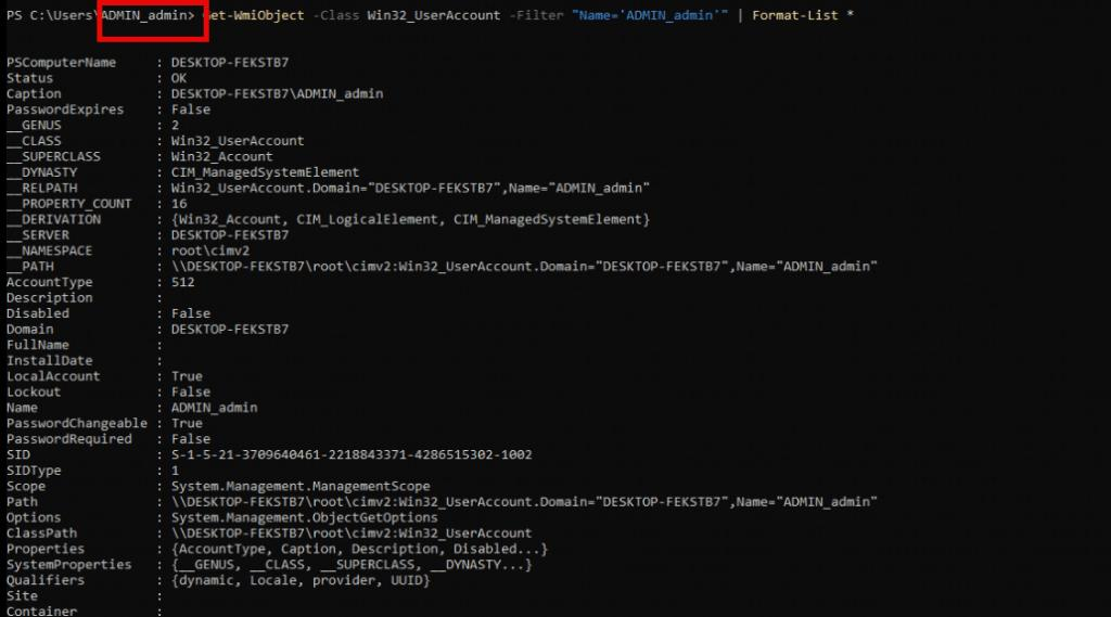 PowerShell-Abfrage mit Get-WmiObject zeigt das lokale Schattenkonto ADMIN_admin samt eigener SID als vollwertiges lokales Benutzerkonto