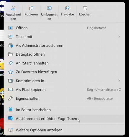Windows-Rechtsklick-Kontextmenü mit dem Eintrag „Ausführen mit erhöhten Zugriffsberechtigungen"