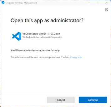 EPM-Dialog: Open this app as administrator? mit verifiziertem Publisher und Continue-Button