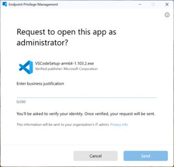 EPM-Dialog: Request to open this app as administrator? mit Eingabefeld für Business Justification