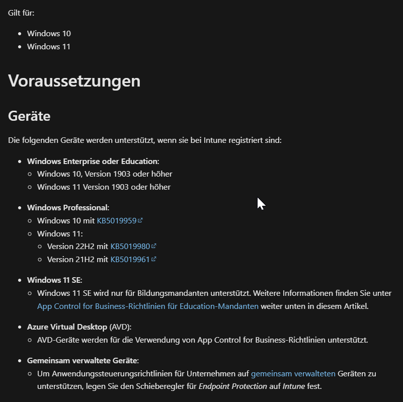 Unterstützte Geräte und Editionen für App Control for Business