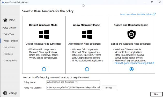 Base-Template „Signed and Reputable Mode" im App Control Policy Wizard