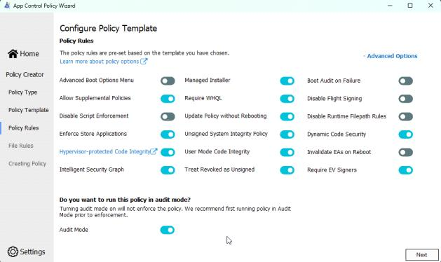 Empfohlenes Policy-Rules-Profil für „Signed and Reputable" mit aktivem Audit-Mode
