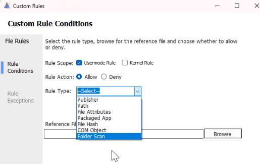 Custom Rule anlegen: Rule Type wählen (Publisher, Path, Hash, Folder Scan …)