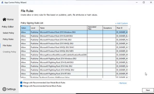 Option „Merge with Recommended User Mode / Kernel Block Rules" in den File Rules