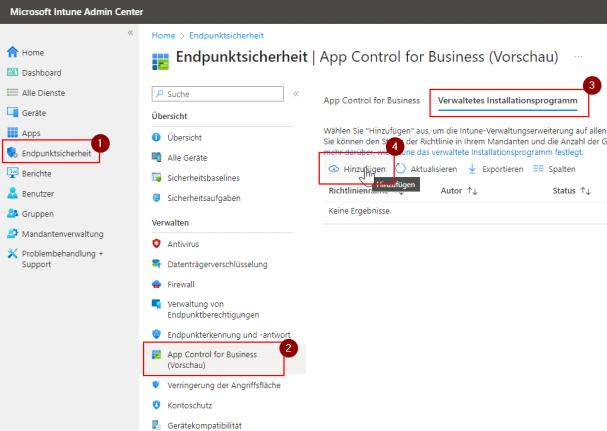 Reiter „Verwaltetes Installationsprogramm" – über „Hinzufügen" die Intune Management Extension als Managed Installer setzen