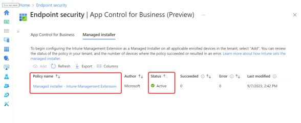 Managed Installer „Intune Management Extension" mit Status „Active"