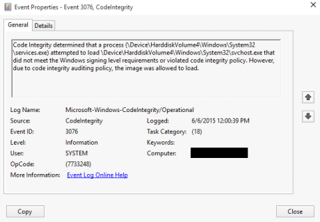 Event-Details eines 3076-Audit-Events im CodeIntegrity/Operational-Log