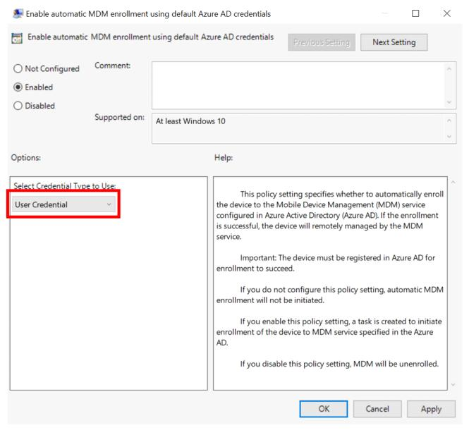 Gruppenrichtlinie „Enable automatic MDM enrollment" mit ausgewähltem Credential-Typ „User Credential"