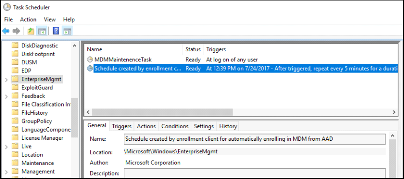 Task Scheduler mit dem Enrollment-Task unter Microsoft > Windows > EnterpriseMgmt