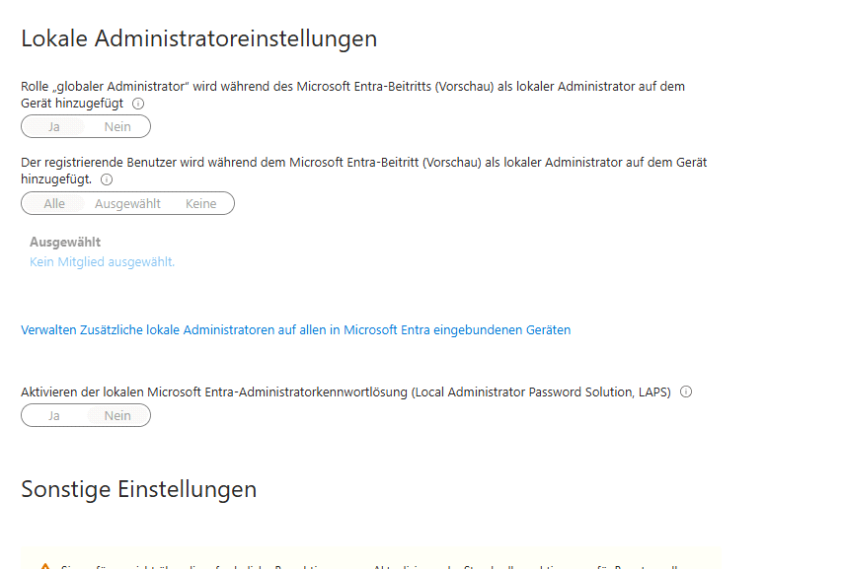 Lokale Administratoreinstellungen mit Optionen für Global Admin, registrierten Benutzer und LAPS