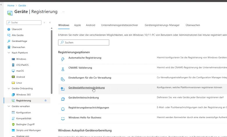 Registrierungsoptionen in Intune mit der Geräteplattformeinschränkung