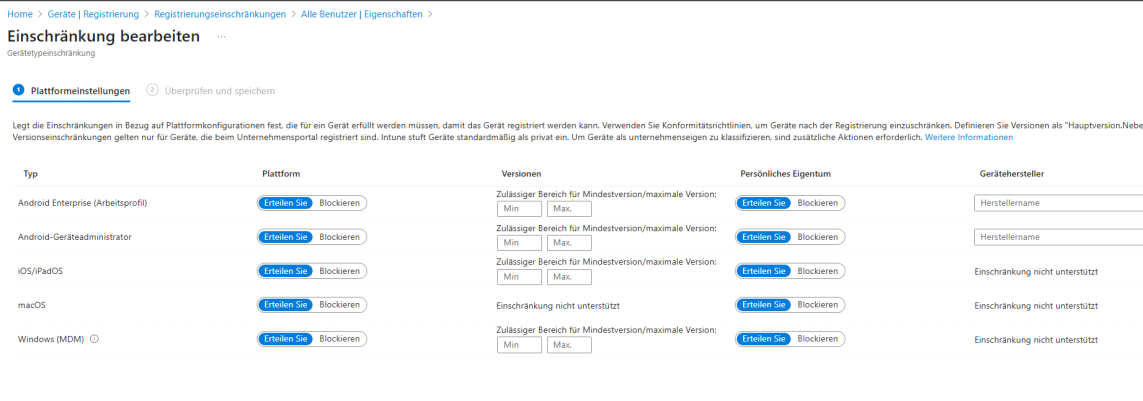 Plattformeinschränkung bearbeiten mit der Spalte „Persönliches Eigentum" pro Plattform