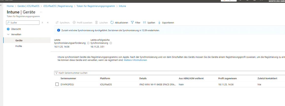 Apple-DEP-Token-Synchronisierung in Intune mit einem synchronisierten iPad