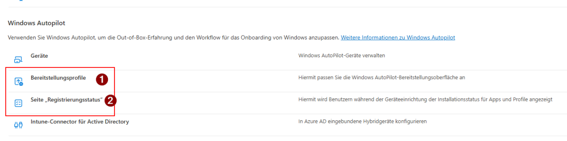 Windows-Autopilot-Bereich in Intune mit Bereitstellungsprofilen und der Seite „Registrierungsstatus"