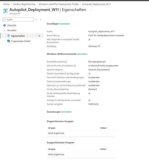 Eigenschaften eines Autopilot-Deployment-Profils mit den OOBE-Einstellungen