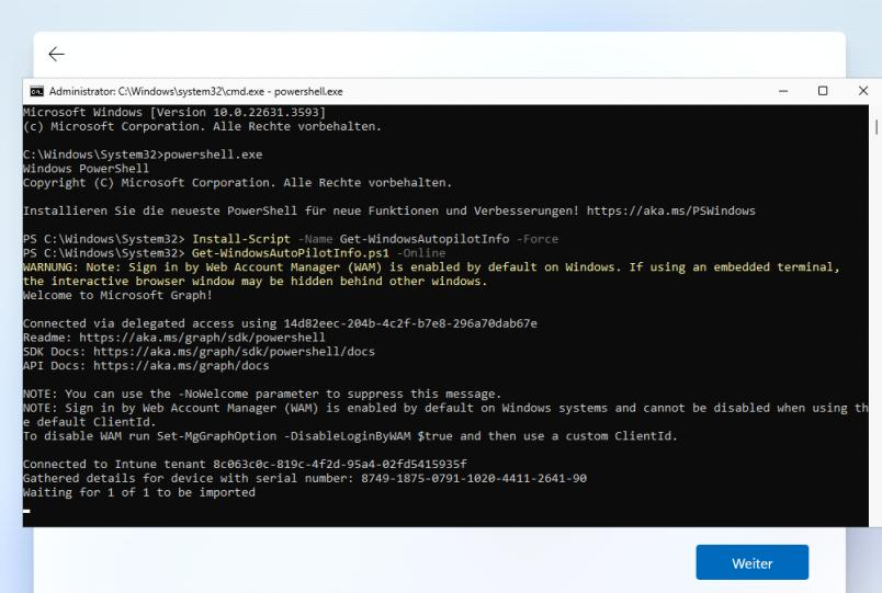 PowerShell-Fenster mit Get-WindowsAutopilotInfo -Online und erfolgreicher Registrierung im Tenant