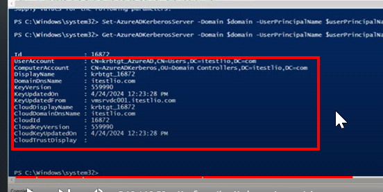 Ausgabe von Get-AzureADKerberosServer mit UserAccount, ComputerAccount und KeyVersion
