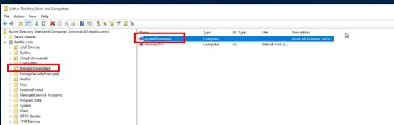 Computerobjekt AzureADKerberos in der OU Domain Controllers in Active Directory Users and Computers