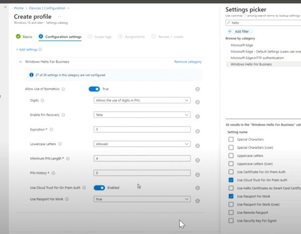 Intune-Einstellungskatalog mit der Kategorie Windows Hello for Business und aktiviertem Use Cloud Trust for On-Prem Auth